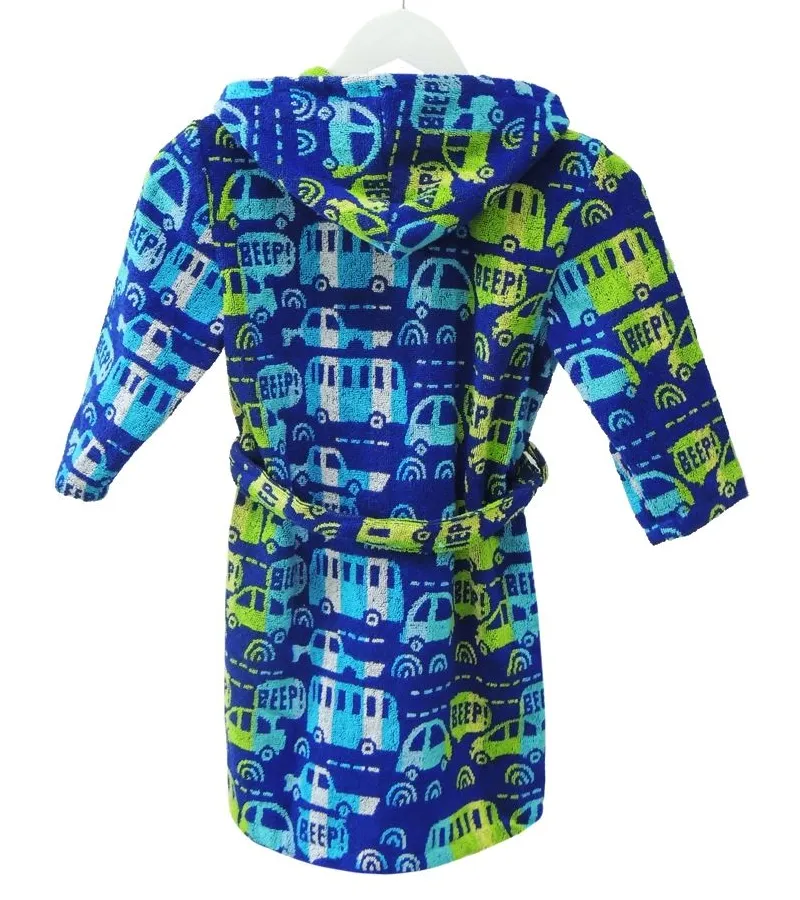 Bath Towelling Robe Hooded Cars Blue (5-8yrs)