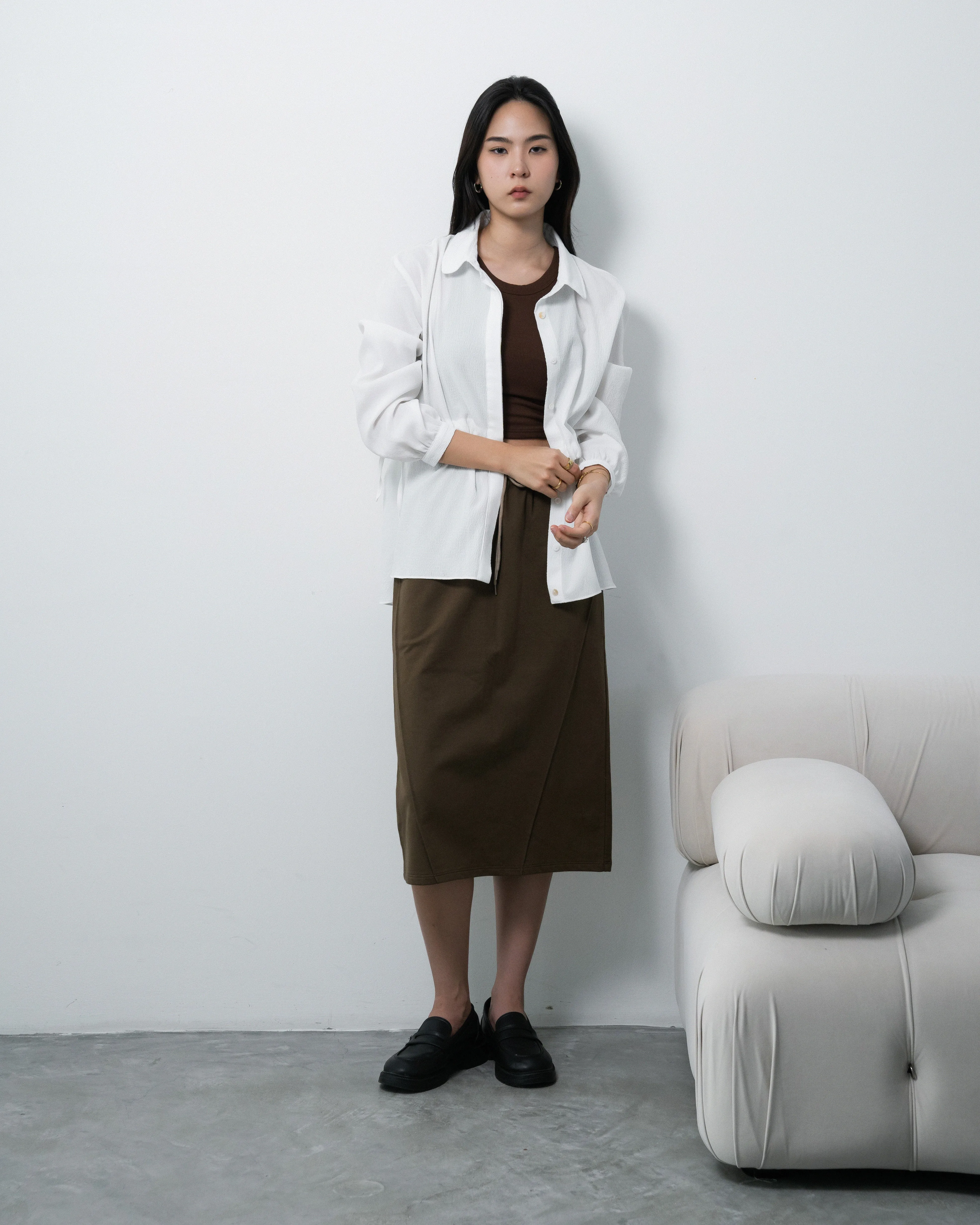 Cutline Pencil Midi Skirt (Dark Brown)