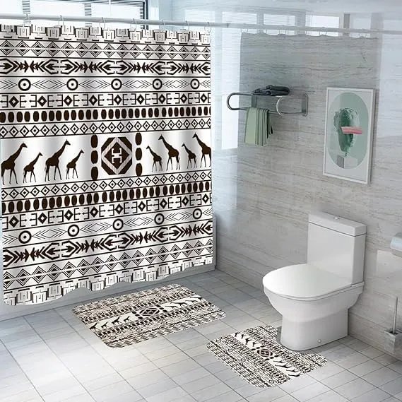 Kuber Industries Shower Curtain & Bathmat Set | Non-Slip Bath mats for Bathroom | Easy-Slide Curtains | Polyester Curtain or Bathmat for Bath Décor | YF314-3T | 6 Pcs Set | Multicolor