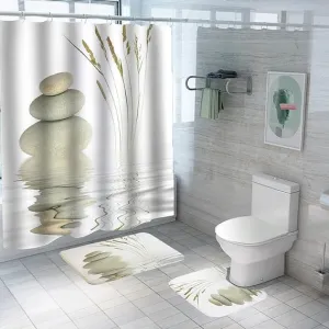 Urbane Home Shower Curtain & Bathmat Set | Non-Slip Bath mats for Bathroom | Easy-Slide Curtains | Polyester Curtain or Bathmat for Bath Décor | YF193-3T | 3 Pcs Set | Multicolor