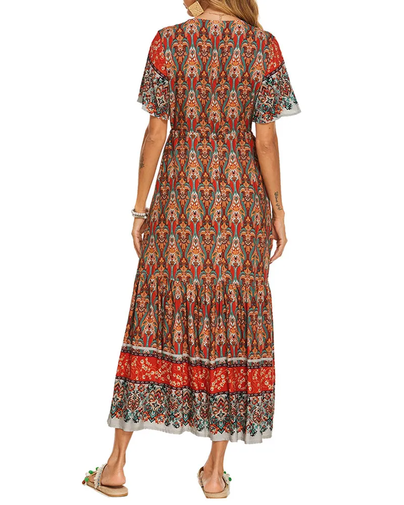 Zeagoo Women's V Neck Bohemian Dress Floral Printed Maxi Dress Short Sleeve Beach Party Dress