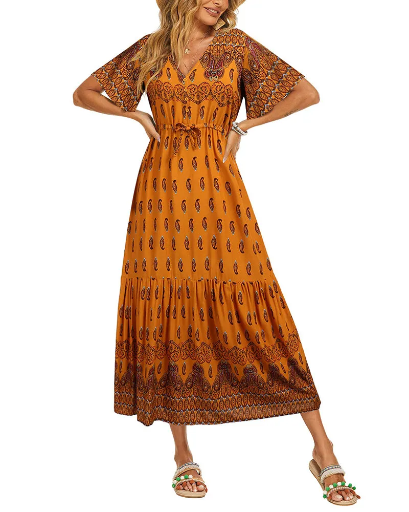 Zeagoo Women's V Neck Bohemian Dress Floral Printed Maxi Dress Short Sleeve Beach Party Dress